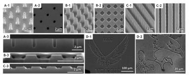 (A) 원, (B) 사각형, (C) 선, (d) 닫힌 선 패턴의 촉매금속 스탬프와 임프린트된 Si SEM 이미지
