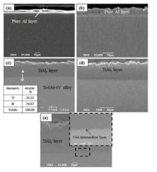 티타늄합금의 (a)400, (b)500, (c)600, (d)700, (e)800 ℃에서의 코팅된 시험편의 단면