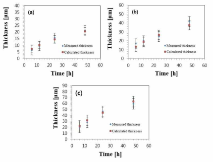 (a) 900, (b) 1000, (c) 1100℃에서 Si 코팅된 Mo-3Si-1B 합금의 코팅처리 시간에 따른 측정된 코팅층 두께와 이론식에 의해 계산된 두께 비교
