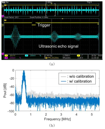 (a) 칩에 인가된 초음파 반향신호 (b) 측정된 FFT 스펙트럼
