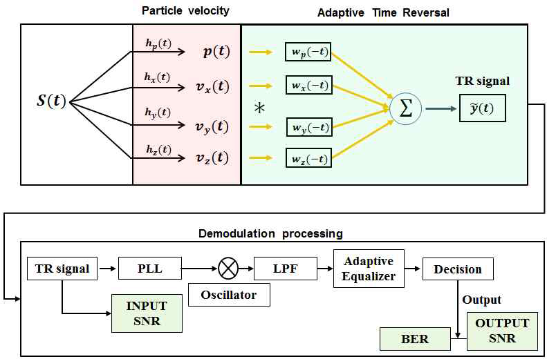 벡터센서 신호와 적응 시역전 기법이 결합된 통신 신호처리 기법 모식도