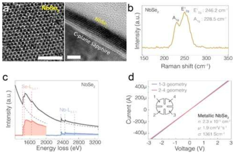 HRTEM of CVD-grown NbSe2, b. Raman spectrum recorded from as-grown NbSe2, c. EELS spectrum of as-grown NbSe2, d. Hall measurement data of as-synthesized NbSe2