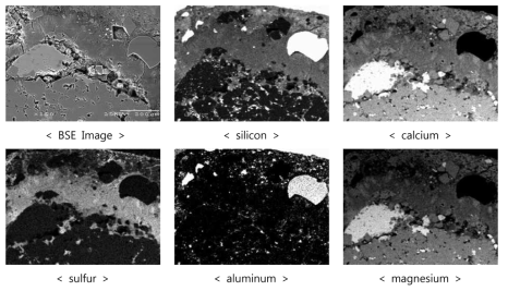 황산염침식을 받은 콘크리트에서 채취한 코어샘플의 BSE image 및 원소 mapping 결과; 황산염침식에 의한 gypsum, ettringite 등 반응생성물의 영향으로 인하여 sulfur, aluminium 원소가 다량으로 포함되어 있는 것으로 나타났으며, image 하단부에는 thaumasite가 생성된 것으로 조사되었다