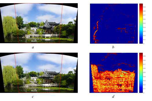 제안된 seamlessness map 추정 결과 예제. (a) Good example, (b) 이의 seamlessness map, (c) Bad example, (d) 이의 seamlessness map. 그림에서 보는 것처럼 추정된 seam이 bad example 영상에서 많이 나타남을 확인 할 수 있으며 (붉은색), 이는 영상 분석이 잘 이뤄진 것을 나타냄