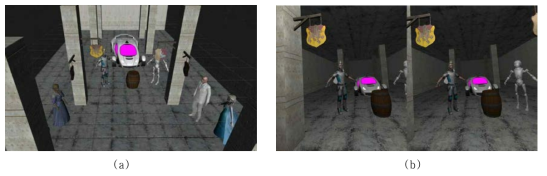 VR sickness 측정 실험을 위한 3D 그래픽스 영상 콘텐츠 예시. (a) Scene 구성. (b) HMD에서 렌더링 되어 보여지는 좌우안용 스테레오 영상