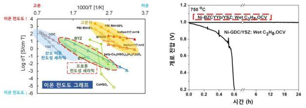중온 영역에서의 높은 이온 전도도, (우) 탄화수소 연료 상 높은 안정성