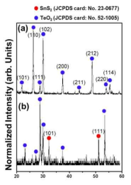 (a) TeO2 나노선, (b) TeO2-SnS2 core shell 구조의 XRD pattern 분석