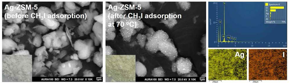 CH3I 흡착 전, 후 (70 oC) Ag-ZSM-5의 SEM 이미지와 흡착 후 시료의 EDS 스펙트럼 및 Ag, I Mapping 이미지
