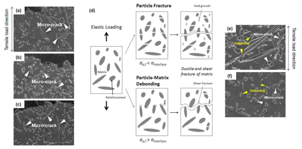 티타늄 복합재료 강화상 함량에 따른 파단면 분석 (a) TiTMCs-5C, (b) TiTMCs-10C, (c) TiTMCs-20C, (d) 티타늄 복합재료의 기지/강화상 계면상태에 따른 파단거동 모식도, 티타늄 복합재료 기지/강화상 계면상태에 따른 파단면 분석 (e) TiTMCs-10C, (f) TiTMCs-10F