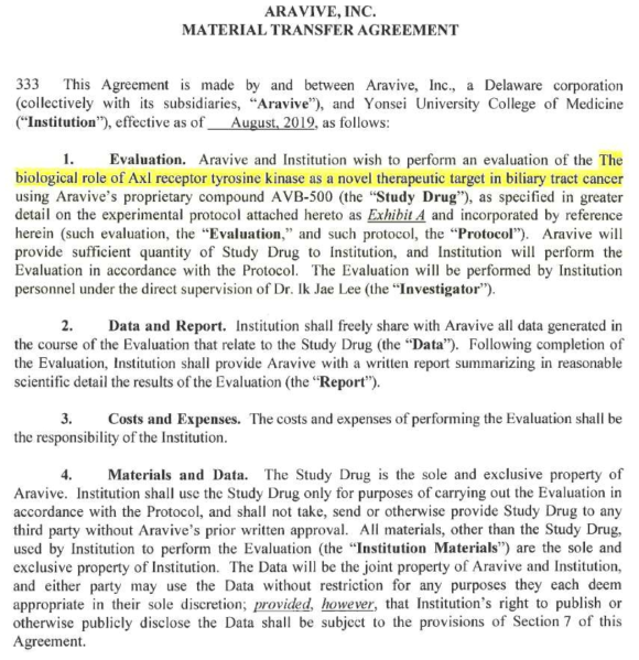 Aravive를 통해 실험용으로 AXL inhibitor를 공급받기로 함 (MTA서류)
