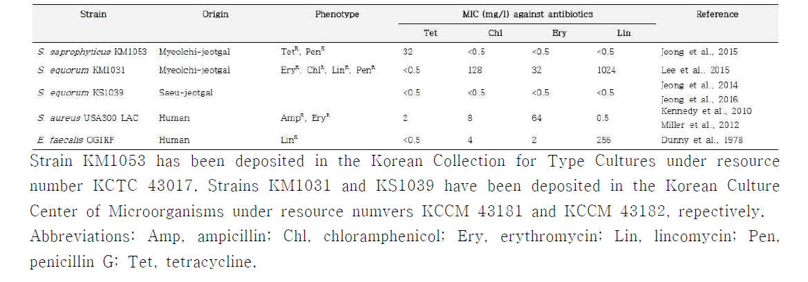 Bacterial strains and corresponding MICs