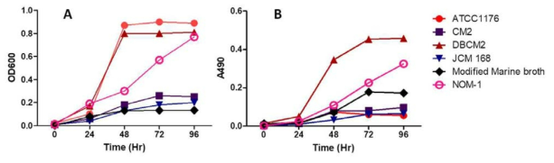 Haloferax sp. MBLA0078 균주의 배양 배지가 생장(A) 및 카로티노이드 생산(B)에 미치는 영향