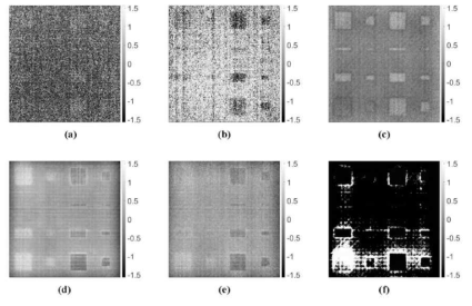 Phase angle images obtained with the Wavelet transform from the experimental LIT data at different modulation frequencies: (a) 2 Hz with wavelet parameters; s=12 and = 23, (b) 1 Hz with wavelet parameters; s=25 and τ= 48, (c) 0.5 Hz with wavelet parameters; s=50 and τ = 98, (d) 0.2 Hz with wavelet parameters; s=125 and τ = 248, at 0.1 Hz with wavelet parameters; s=250 and τ = 498, and (f) 0.05 Hz with wavelet parameters; s=500 and τ = 998