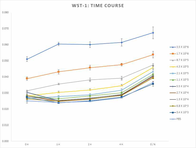 K. septempunctata spores의 농도와 시간변 WST-1 assay 결과