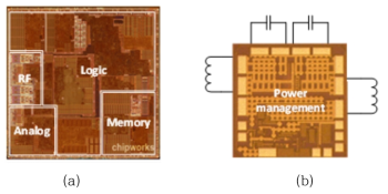 (a) RF, analog, logic, memory 등의 기능을 통합한 SoC, (b) 통상의 전력 관리 회로