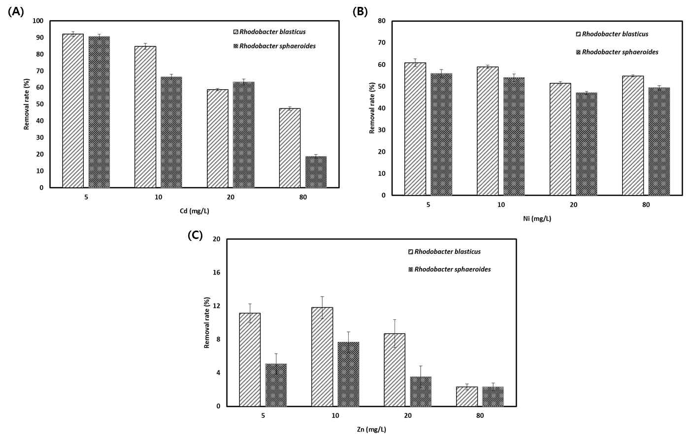 Removal rates of (A) Cd, (B) Ni and (C) Zn by Rhodobacter blasticus and Rhodobacter sphaeroides