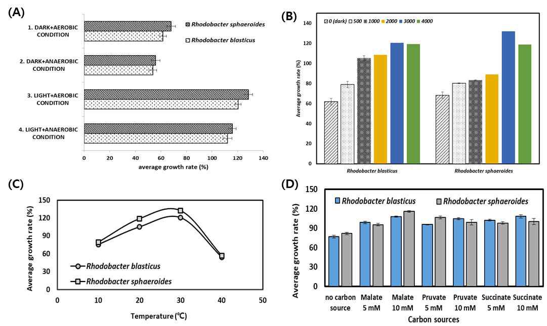 Growth rates of the Rhodobacter blasticus and Rhodobacter sphaeroides depending on (A) light-oxygen conditions, (B) light intensities, (C) temperatures and (D) organic acid sources