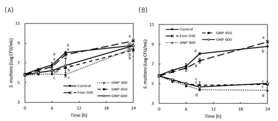 Time-kill curves of size-controlled GNPs at 1/2×MIC (A) and 1×MIC (B) against S. mutans. 1/2×MIC and 1×MIC of GNPs contained GSE 1.45 and 2.90 μg/mL, respectively. Free GSE contained the same concentration of GSE entrapped in GNPs