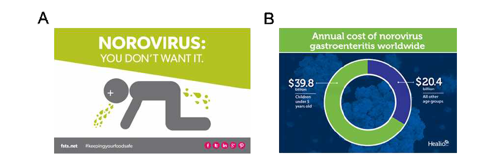 (A) 노로바이러스의 감염에 의해 발생하는 대표적인 임상 증상인 구토와 설사 (B) 전 세계적으로 노로바이러스에 의한 위장염으로 발생하는 사회적 비용 규모 (약 600억불)