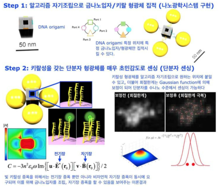 연구방법론 개략도. Step 1: 알고리즘 자기조립으로 나노광학시스템 구현. Step 2 나노광학시스템을 이용 분자의 키랄성을 단분자 수준에서 초민감 영역으로 센싱