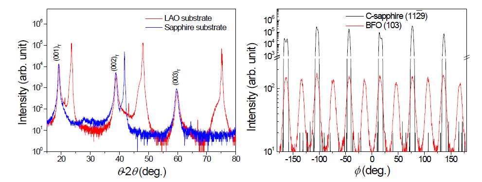 XRD θ-2θ (left) and φ scan (right) for T-BFO grown on c-sapphire