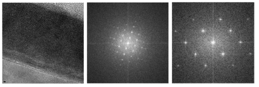 (Left) HRTEM image of T-BFO film on c-sapphire, Center and right images are the Fourier transform of the T-BFO and sapphire substrate, respectively