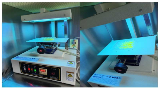 연구실내 실험용 UVA (370nm) 조사 장비를 갖춤, 테이블 높이 조절을 통하여 cm2당 3mW에서 6mW 조절기능