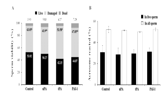 Changes of sperm viability by exogenous PAs and their inhibitor in pig (p<0.05)