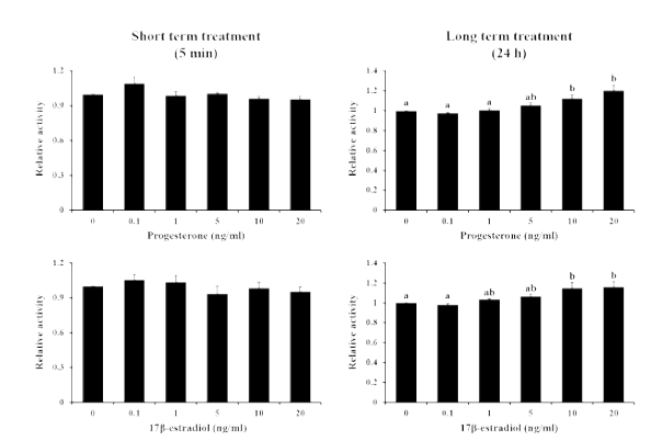 Effect of short- and long-term treatment of progesterone and 17β-estradiol on plasminogen activator activity in porcine endometrial epithelial cells (p<0.05)