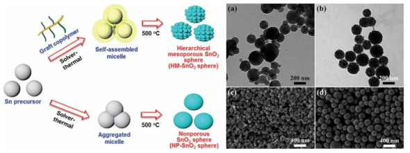 양친성 가지형 공중합체의 유무에 따른 다공성 SnO2 입자 생성 모식도(좌), 제조한 SnO2 입자의 TEM, SEM 사진(우). (RSC Adv. 2014, 4, 31452)