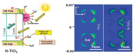 Au NPs/N-TiO2의 적용 모식도 및 광촉매 성능 비교
