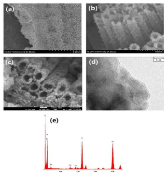 (a) 전기 양극 산화법으로 성장시킨 TiO2 나노튜브의 SEM 사진, (b) Pd 이 고르게 분산되어 있는 TiO2 nanotube, (c) CdTe 양자점이 고르게 분산되어 있는 TiO2 나노튜브, (d) (c) 의 TEM 사진, (e) (d) 의 EDX 결과