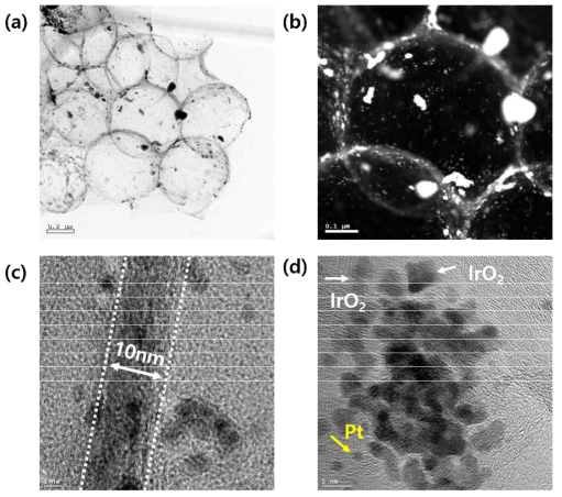 Pt-rGO-GO-IrO2 시료의 (a) 명시야상 STEM 이미지, (b) 암시야상 STEM 이미지, (c), (d) 고배율 TEM 이미지