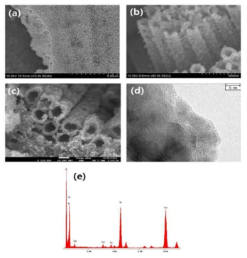 (a) 전기 양극 산화법으로 성장시킨 TiO2 나노튜브의 SEM 사진, (b) Pd 이 고르게 분산되어 있는 TiO2 nanotube, (c) CdTe 양자점이 고르게 분산되어 있는 TiO2 나노튜브, (d) (c) 의 TEM 사진, (e) (d)의 EDX 결과