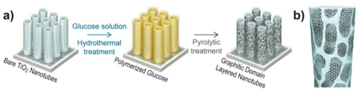 (a) 실험과정의 모식도, (b) 실험 종료 후 TiO2 나노튜브 표면위에 형성된 흑연구조의 탄소막이 코팅된 형태의 모식도
