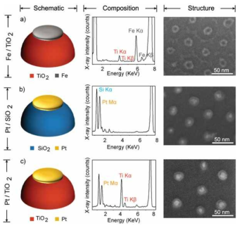 새로운 합성법을 이용하여 다양한 조성변화를 통한 이종 나노 촉매 형성. (a) Fe/TiO2, (b) Pt/SiO2, c) Pt/TiO2