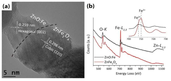 (a) r-ZnO:Fe 시료에서 wurtzite (ZnO:Fe)와 spinel (ZnFe2O4)결정이 공존하고 있는 부분의 TEM 사진과 (b) 각 결정면의 EELS 측정 결과