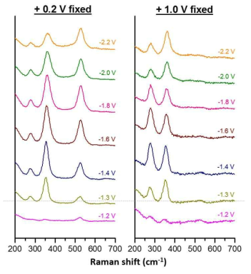 산화 모드의 전압 +0.2 V와 +1.0V에서 환원 모드의 변화에 따른 라만 피크들의 변화