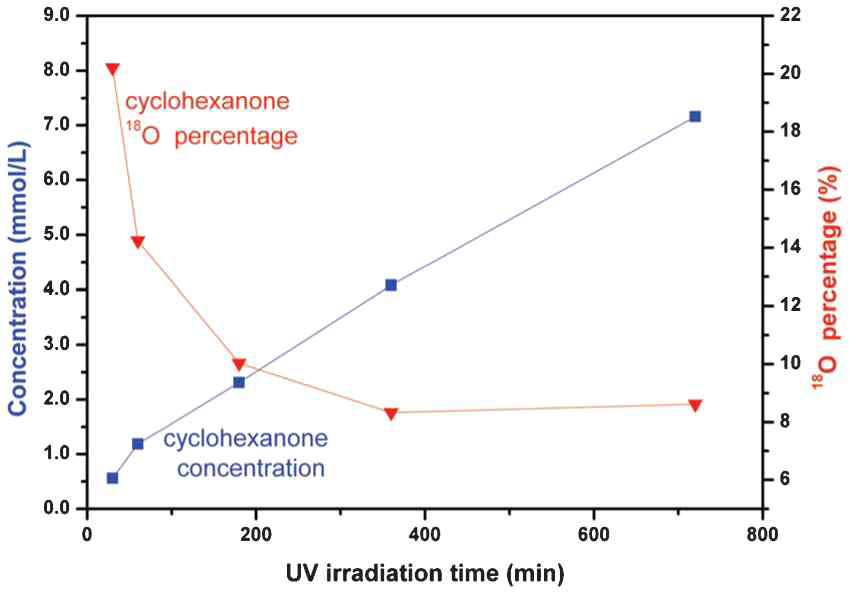 cyclohexanone에 포함된 18O의 양을 시간에 따라 자세하게 조사한 그림