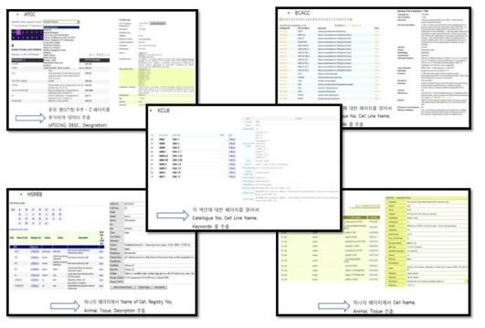 각 세포주 데이터베이스별 필드 현황