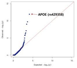 대조군-알츠하이머군 사이의 변이 연관 분석 결과를 Q-Q plot으로 나타낸 그림. 이미 그 연관성이 잘 알려진 APOE 변이가 가장 높은 유의성을 보이고 있으며 그 아래로 약 10개 정도의 변이들이 흥미로운 연관성을 보이고 있음