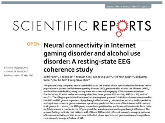 Park and Lee et al., Neural connectivity in Internet gaming disorder and alcohol use disorder: A resting-state EEG coherence study. Scientific Reports. 2017 2;7(1):1333