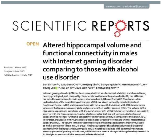 Yoon and Choi et al., Altered hippocampal volume and functional connectivity in males with Internet gaming disorder comparing to those with alcohol use disorder. Scientific Reports. 2017; 7; 5144