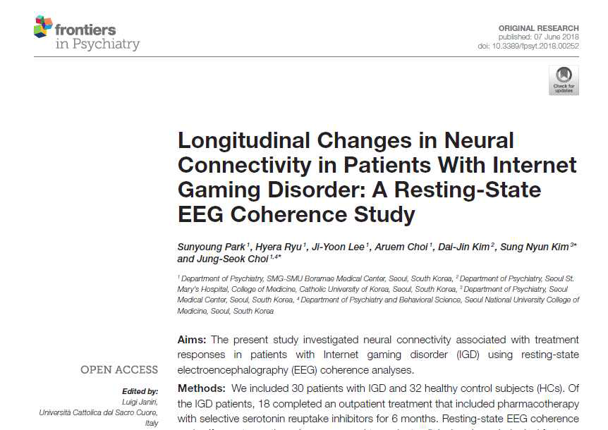 Park et al., Longitudinal changes in neural connectivity in patients with Internet gaming disorder: a resting-state EEG coherence study. Frontiers in Psychiatry, 2018;9:252