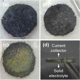 3차원 카본 집전체를 이용한 유황 양극의 사이클에 따른 전극 형상; (a) 초기 전극, (b) 방전후 집전체 면, (c) 방전 후 고체 전해질 면, (d) 방전 후 단면 형상