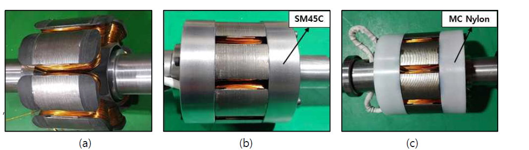 회전자 인슐레이터 비산 방지 구조 (a) 개선 전 (b) SM45C 재질 (c) MC Nylon 재질