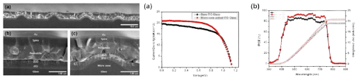 광 산란 구조층이 포함된 perovskite 태양전지의 단면 SEM 이미지 및 J-V curve, IPCE 그래프