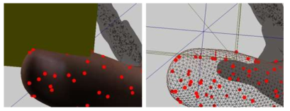 왼쪽 그림은 고정된 물체에 진입하는 손가락을 확대한 모습, 오른쪽은 힘점의 위치가 물체표면으로 이동하는 것을 표시. 붉은 색 선은 mesh 위에서의 힘점 위치와 이동된 힘점을 표시함
