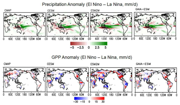 관측과 모델에서 모의되는 ENSO변동에 따른 강수량 아노말리와 GPP 아노말리 비교