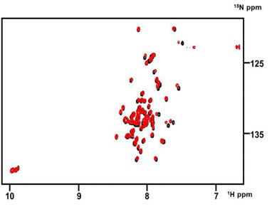 LR(210-295)에 KRS(1-207)을 첨가하기 전(검정)과 후(빨강)에 대한 LR(210-295)의 1H-15N TROSY spectra